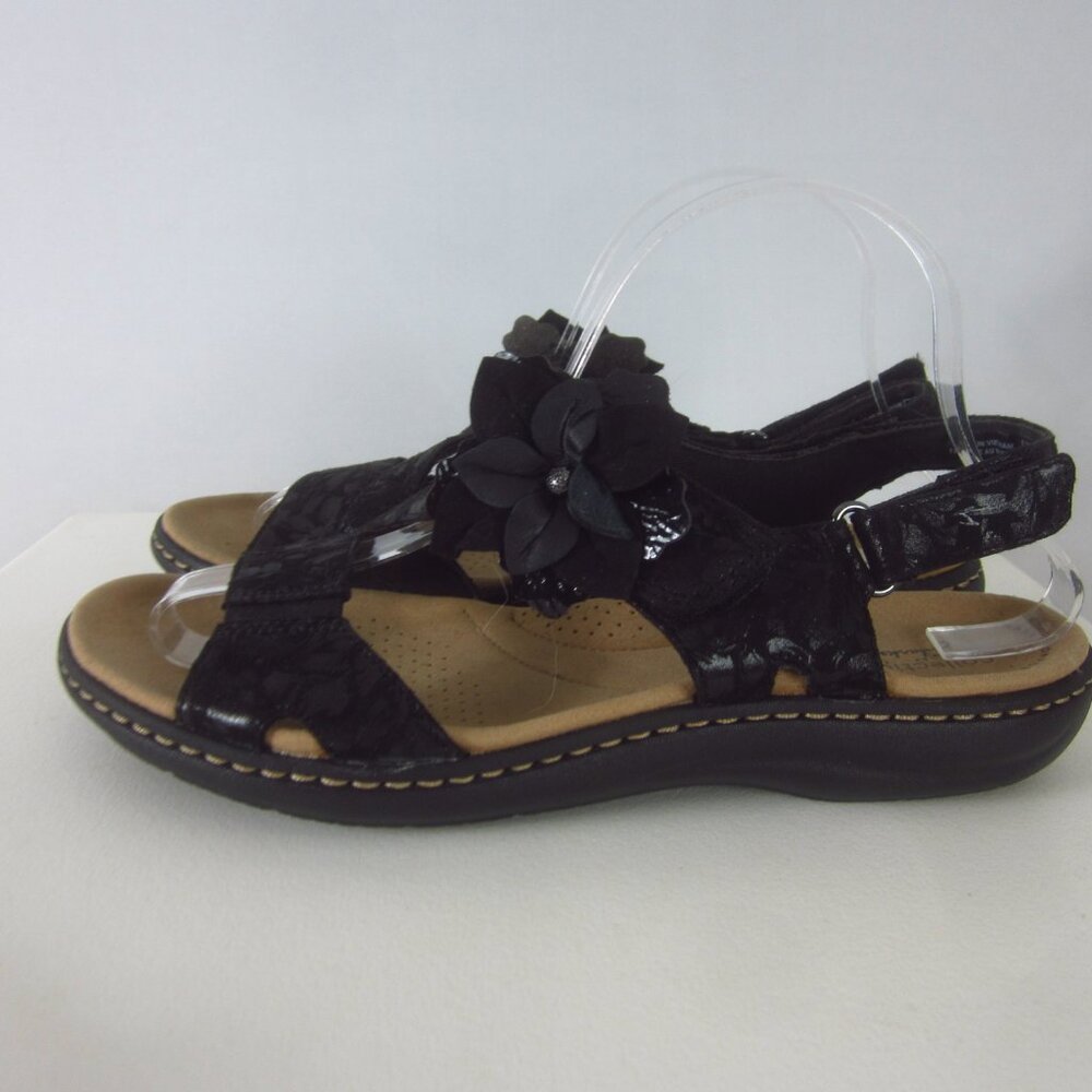 New Clarks Laurieann Bea Women 8.5 M Black Leather Floral Ankle Strap Sandals - Picture 8 of 15